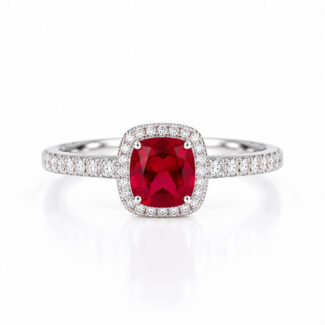 Halo setting cushion cut lab grown ruby engagement ring