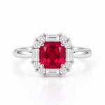 Halo setting cushion cut lab grown ruby engagement ring