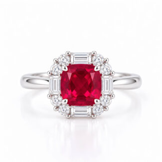 Halo setting cushion cut lab grown ruby engagement ring