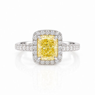 Halo setting cushion cut lab grown yellow diamond engagement ring
