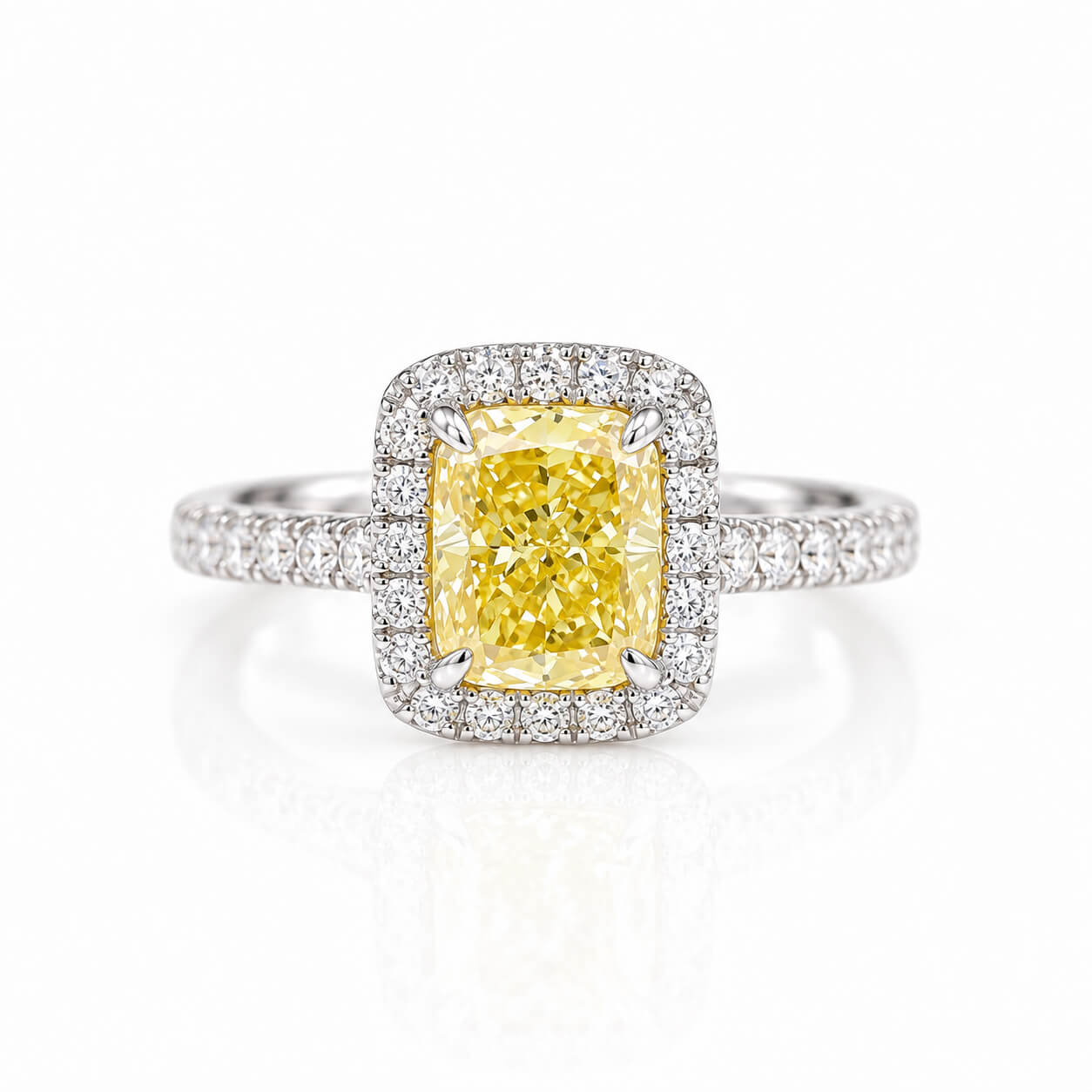 Halo setting cushion cut lab grown yellow diamond engagement ring