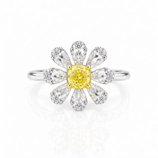 Halo setting cushion cut lab grown yellow diamond engagement ring