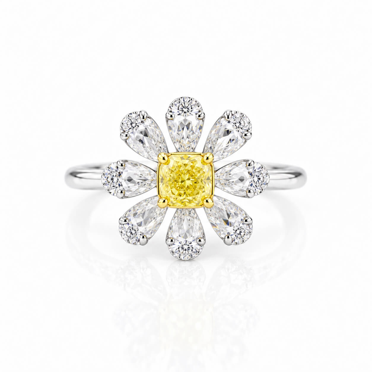 Halo setting cushion cut lab grown yellow diamond engagement ring