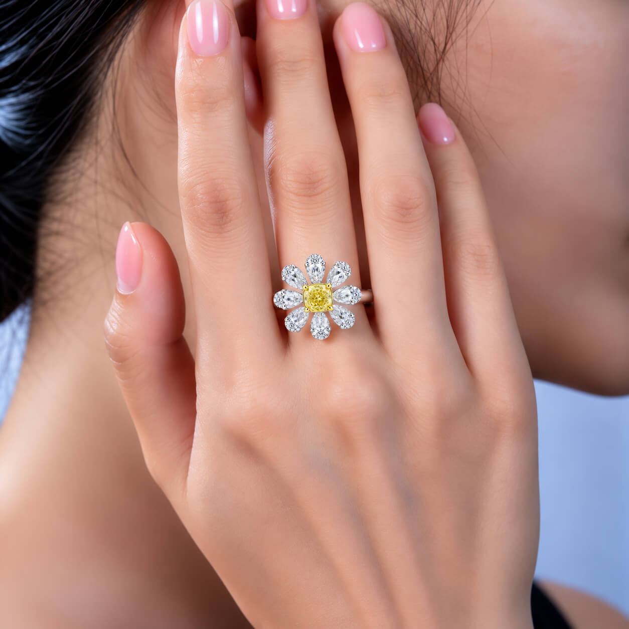Halo setting cushion cut lab grown yellow diamond engagement ring