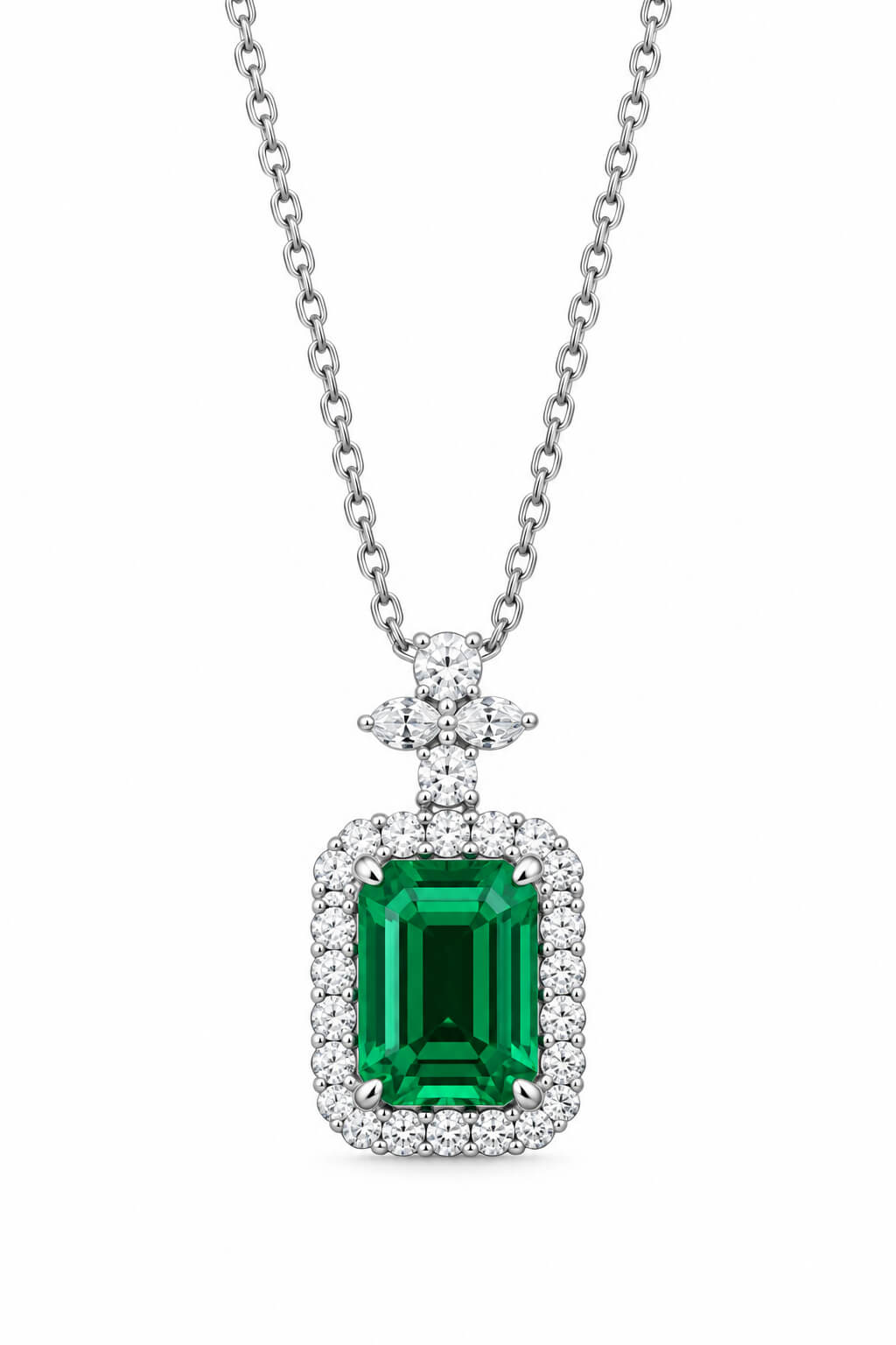 Halo setting emerald cut lab grown emerald pendant necklace 02