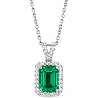 Halo setting emerald cut lab grown emerald pendant necklace 01