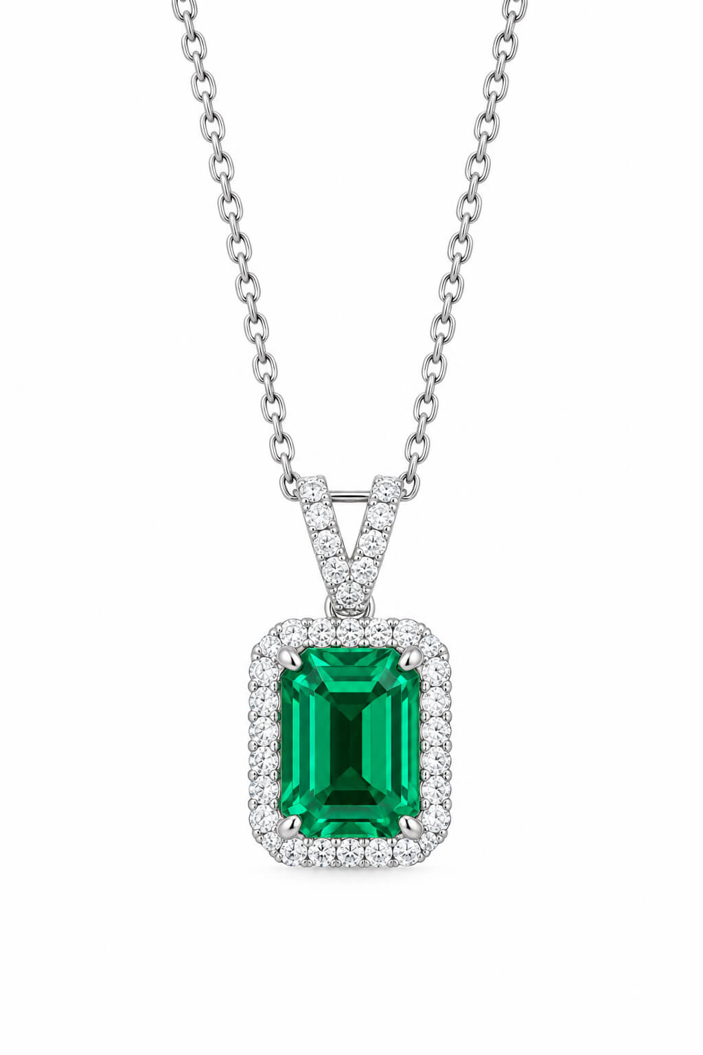 Halo setting emerald cut lab grown emerald pendant necklace 01