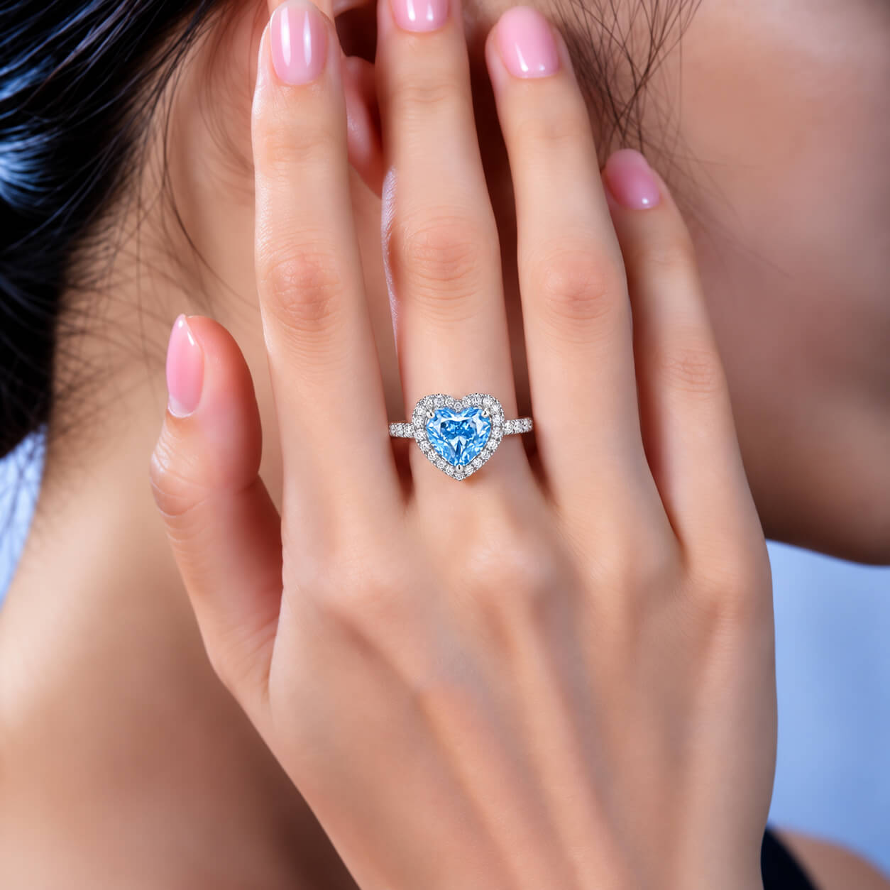 Halo setting heart cut lab grown blue diamond engagement ring Halo setting heart cut lab grown blue diamond engagement ring
