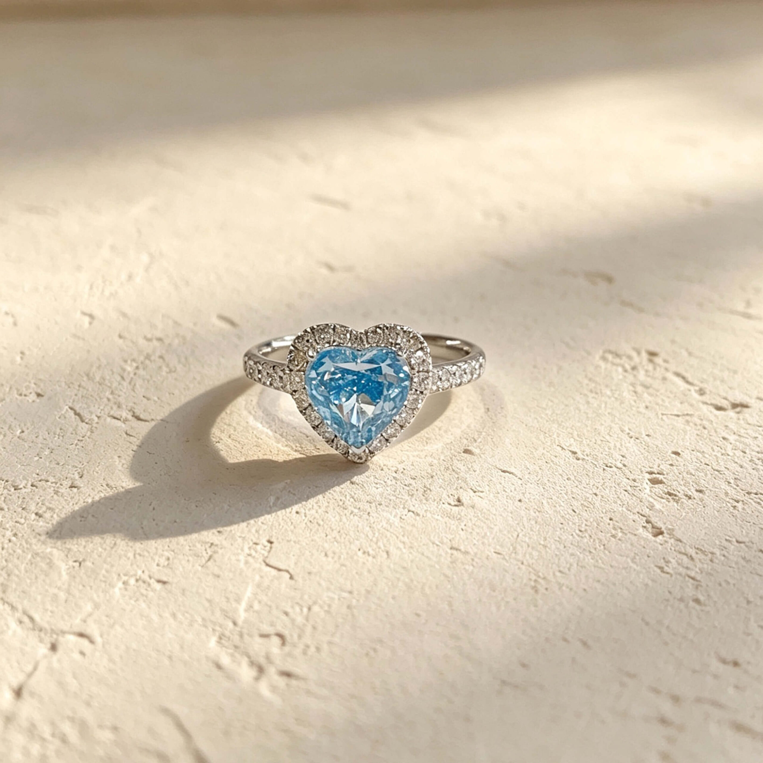 Halo setting heart cut lab grown blue diamond engagement ring Halo setting heart cut lab grown blue diamond engagement ring