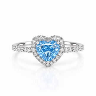 Halo setting heart cut lab grown blue diamond engagement ring