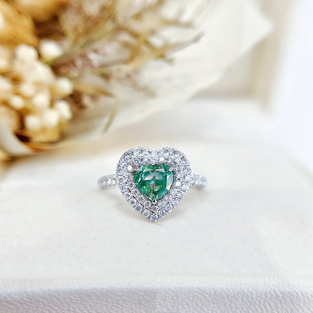 Halo setting heart cut lab grown green diamond engagement ring Halo setting heart cut lab grown green diamond engagement ring
