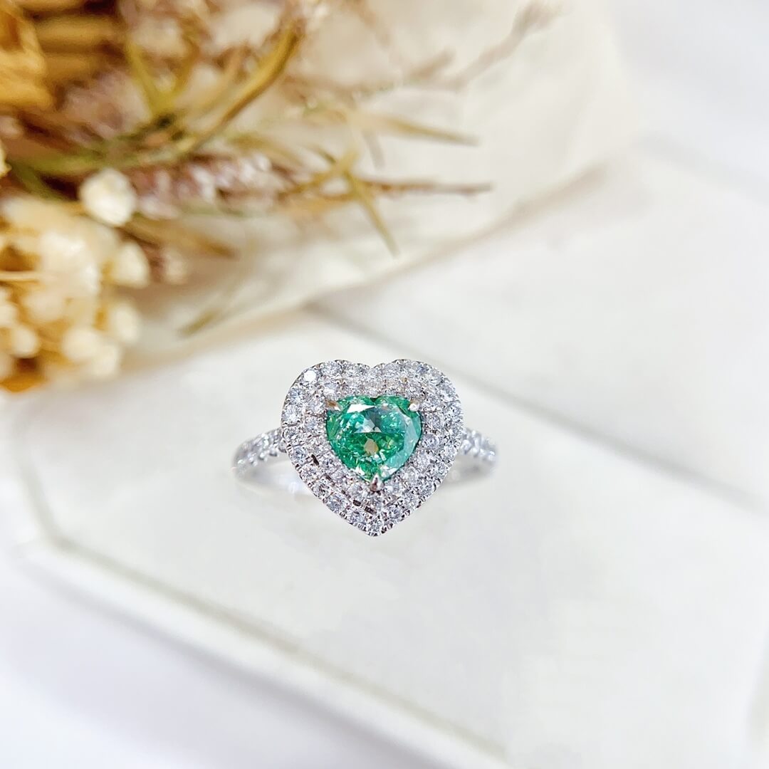 Halo setting heart cut lab grown green diamond engagement ring Halo setting heart cut lab grown green diamond engagement ring