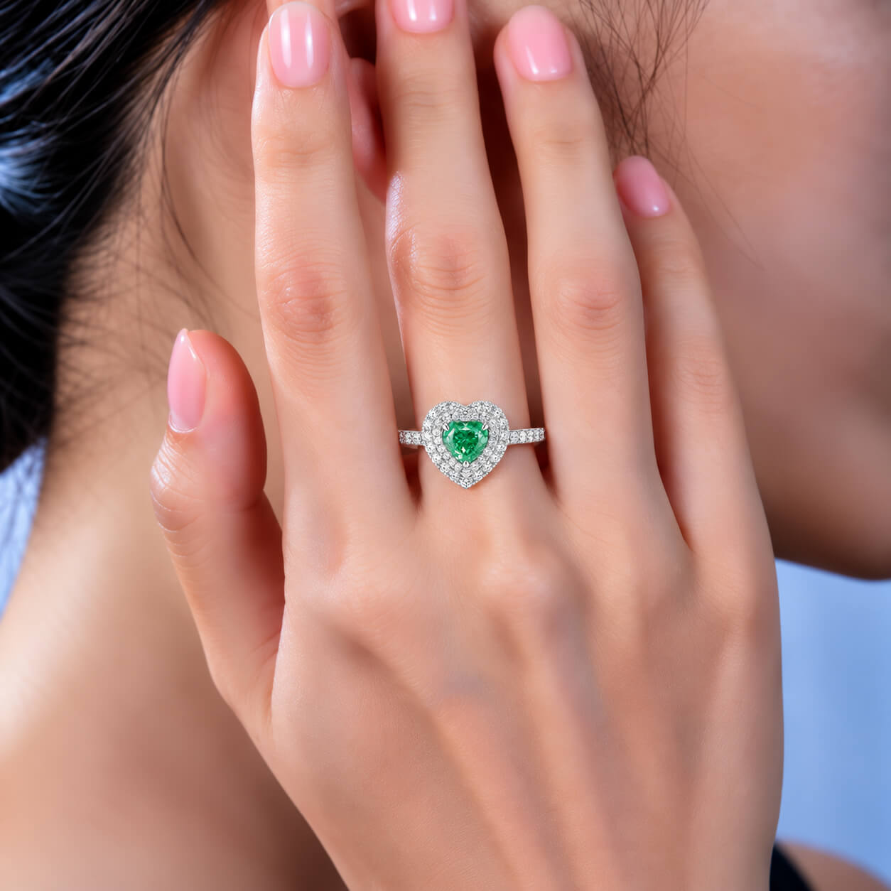 Halo setting heart cut lab grown green diamond engagement ring Halo setting heart cut lab grown green diamond engagement ring
