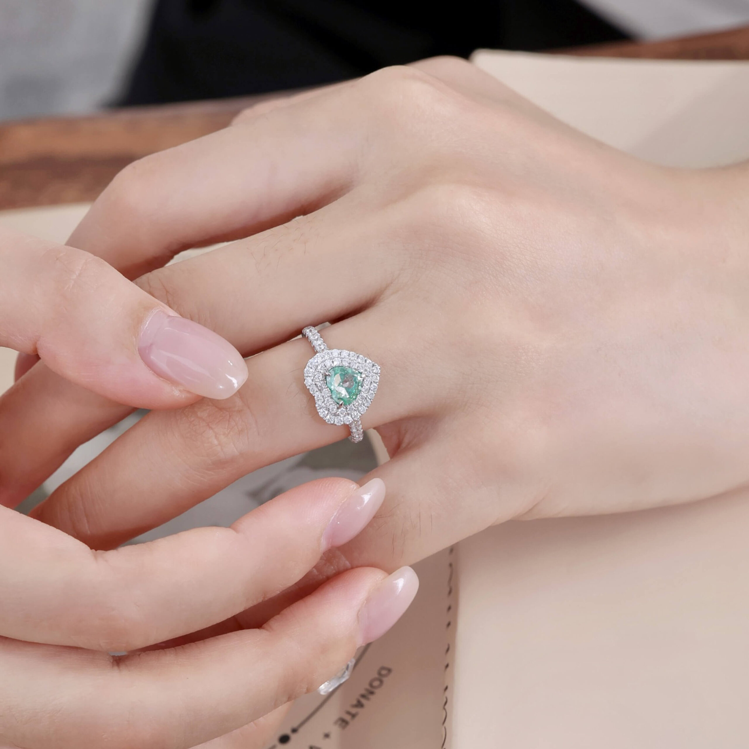 Halo setting heart cut lab grown green diamond engagement ring Halo setting heart cut lab grown green diamond engagement ring