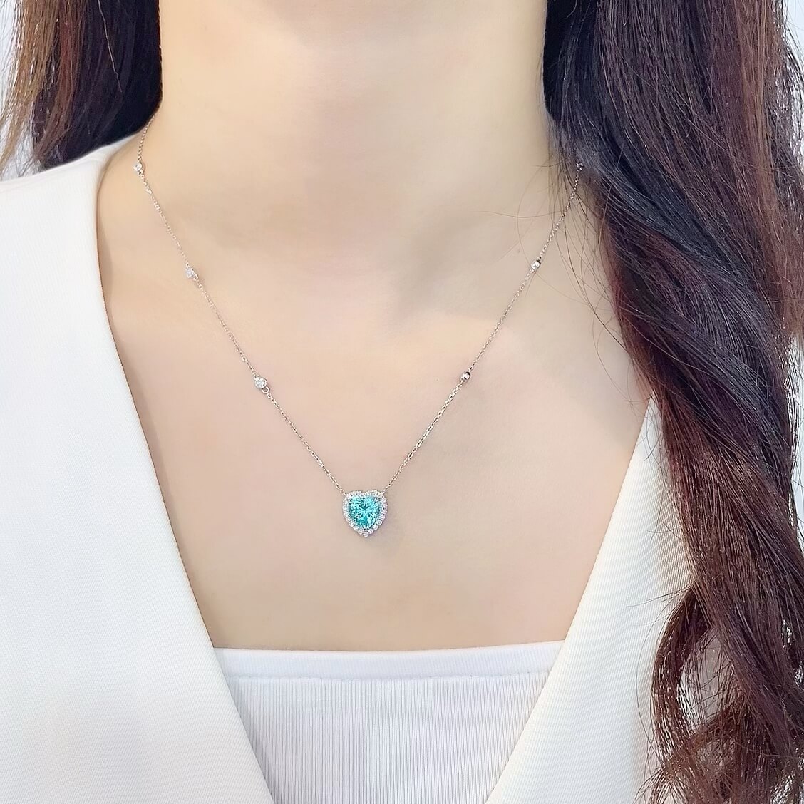 Halo setting heart cut lab grown paraiba pendant necklace Halo setting heart cut lab grown paraiba pendant necklace