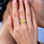 Halo setting heart cut lab grown yellow diamond engagement ring