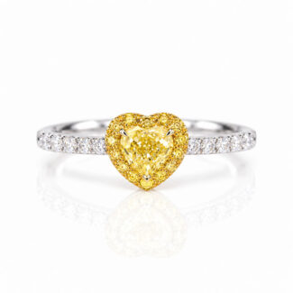 Halo setting heart cut lab grown yellow diamond engagement ring