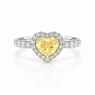Halo setting heart cut lab grown yellow diamond engagement ring