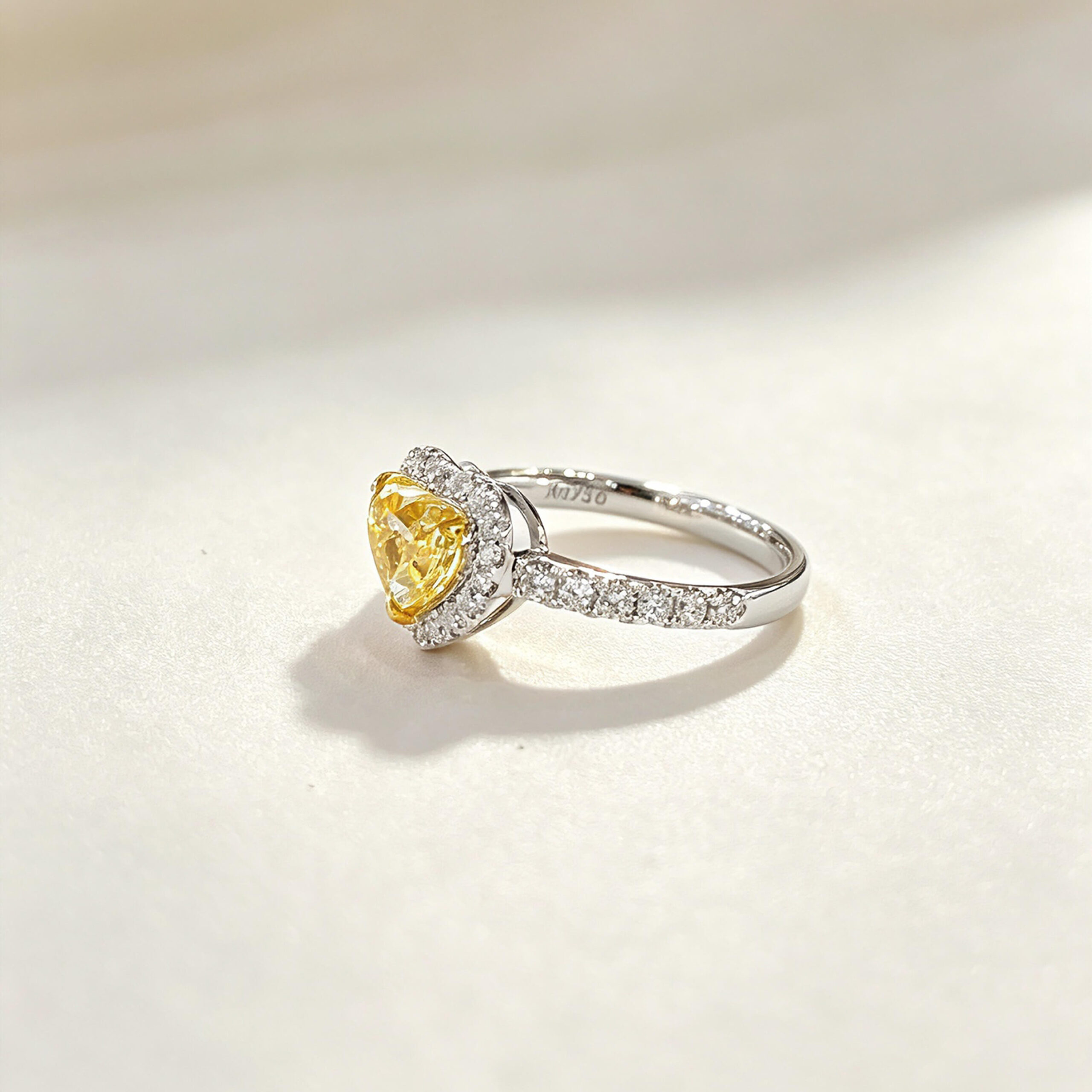 Halo setting heart cut lab grown yellow diamond engagement ring