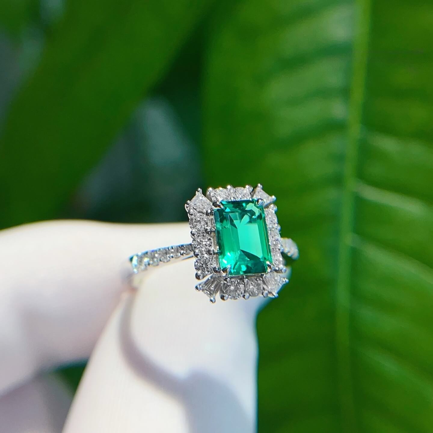 Halo setting lab grown emerald engagement ring 05 Halo setting lab grown emerald engagement ring 05