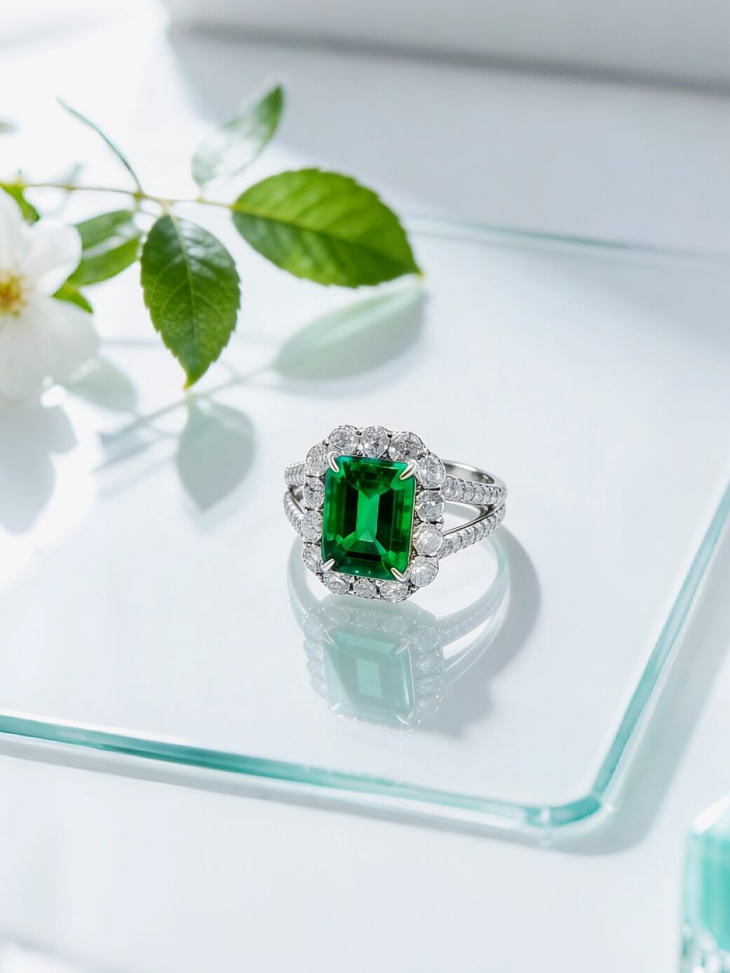 Halo setting lab grown emerald engagement ring 03