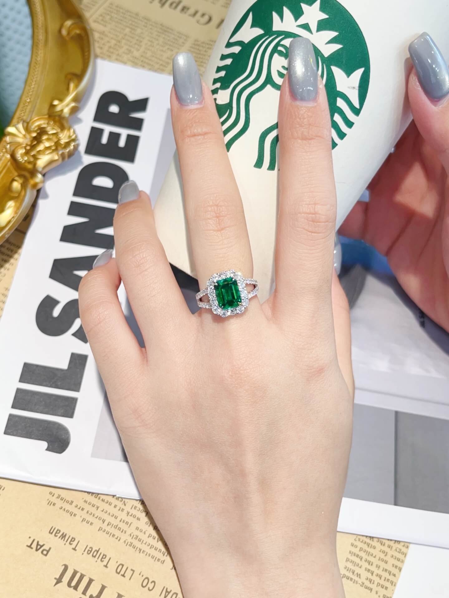 Halo setting lab grown emerald engagement ring 03