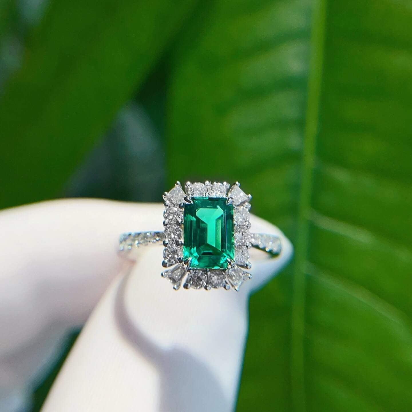 Halo setting lab grown emerald engagement ring 05 Halo setting lab grown emerald engagement ring 05