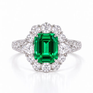 Halo setting lab grown emerald engagement ring