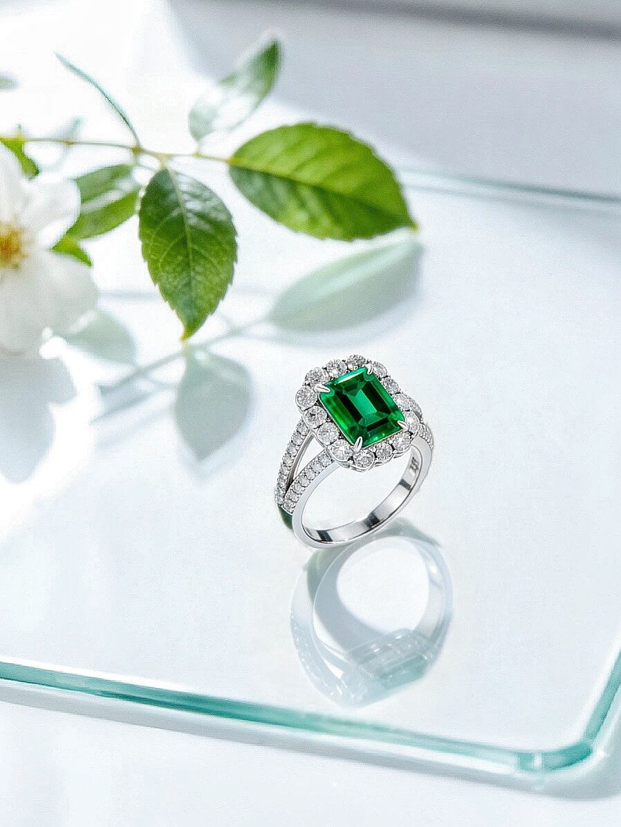 Halo setting lab grown emerald engagement ring 03