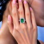 Halo setting lab grown emerald engagement ring