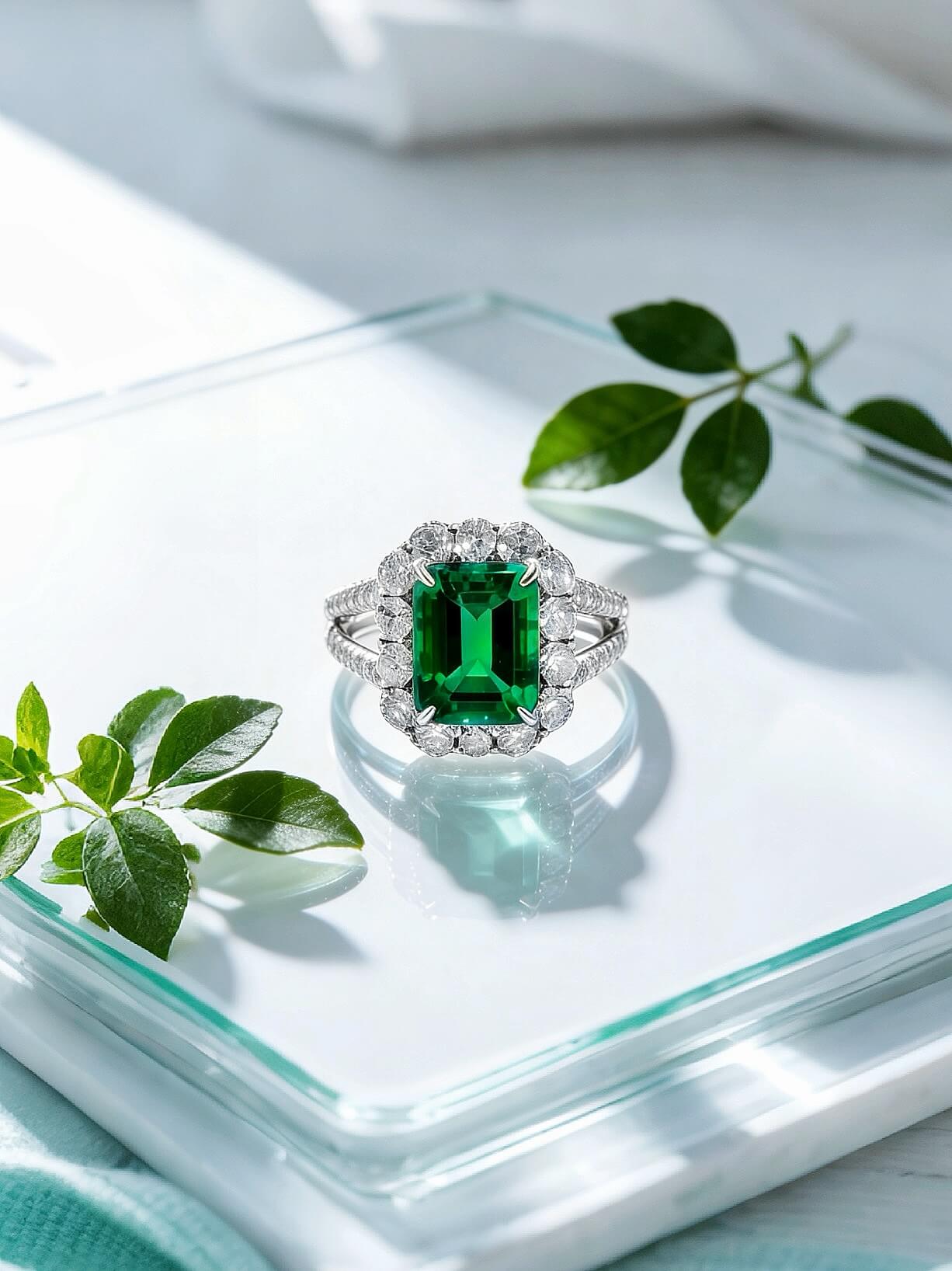 Halo setting lab grown emerald engagement ring 03