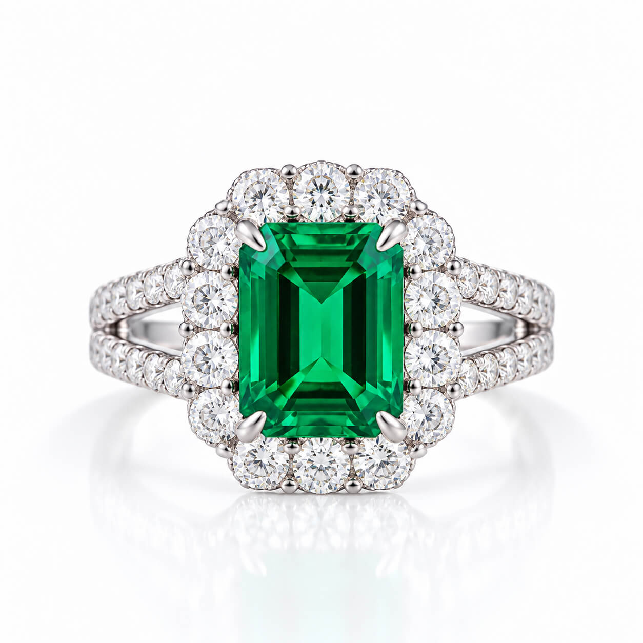 Halo setting lab grown emerald engagement ring 03