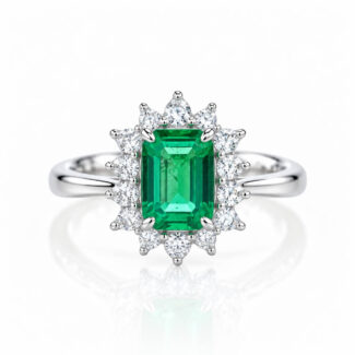 Halo setting lab grown emerald engagement ring