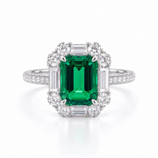 Halo setting lab grown emerald engagement ring