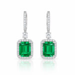 Halo setting lab grown emerald hoop earrings