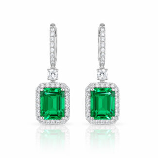 Halo setting lab grown emerald hoop earrings