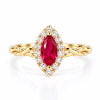 Halo setting marquise cut lab grown ruby engagement ring
