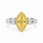 Halo setting marquise cut lab grown yellow diamond engagement ring