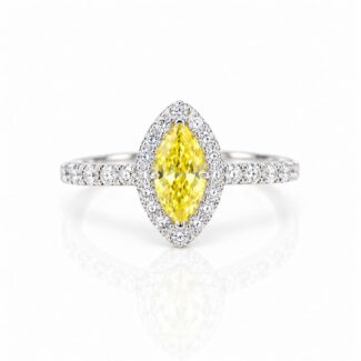 Halo setting marquise cut lab grown yellow diamond engagement ring