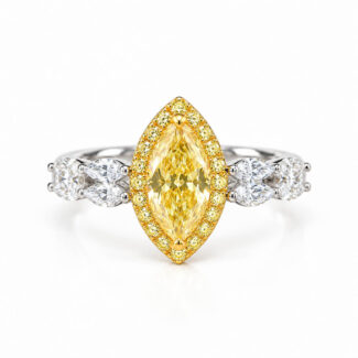 Halo setting marquise cut lab grown yellow diamond engagement ring