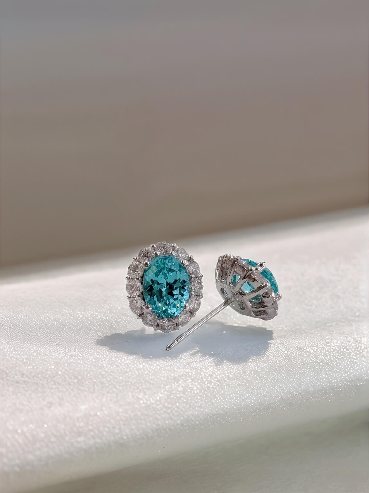 Halo setting oval cut lab grown Paraiba earrings stud Halo setting oval cut lab grown Paraiba earrings stud