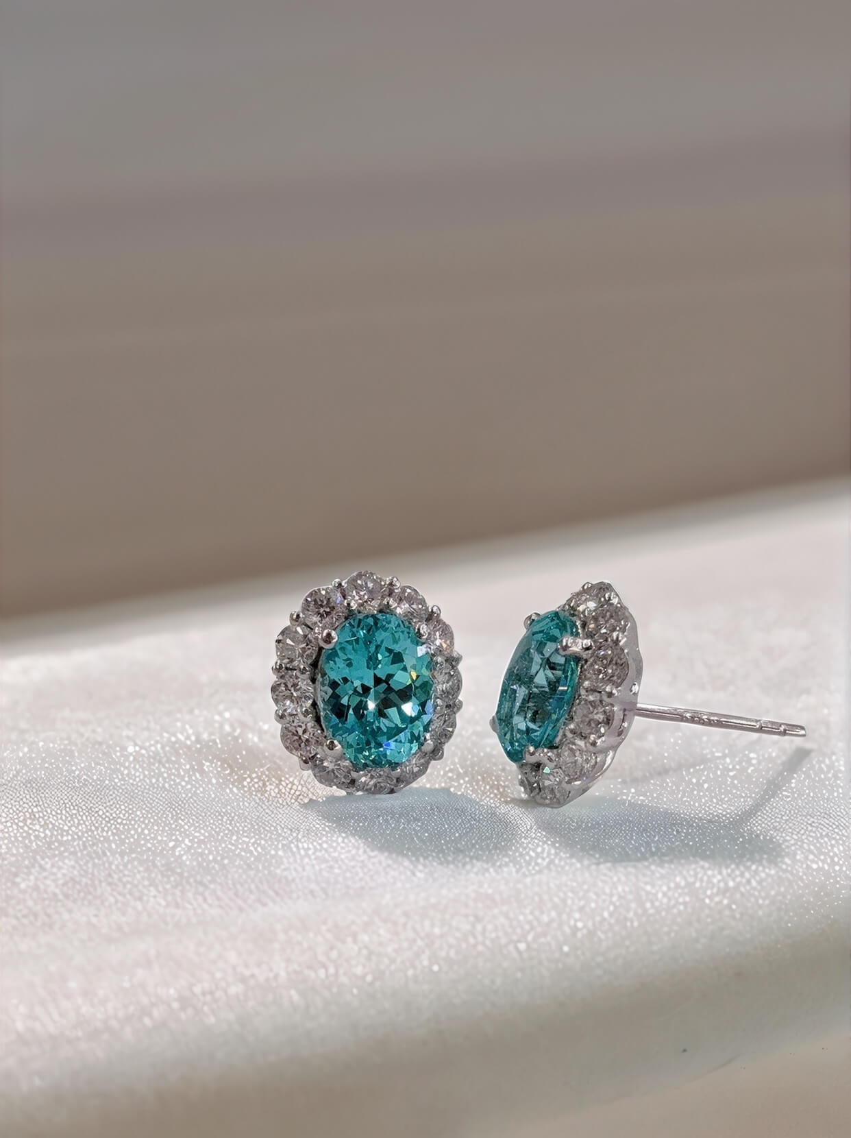 Halo setting oval cut lab grown Paraiba earrings stud Halo setting oval cut lab grown Paraiba earrings stud