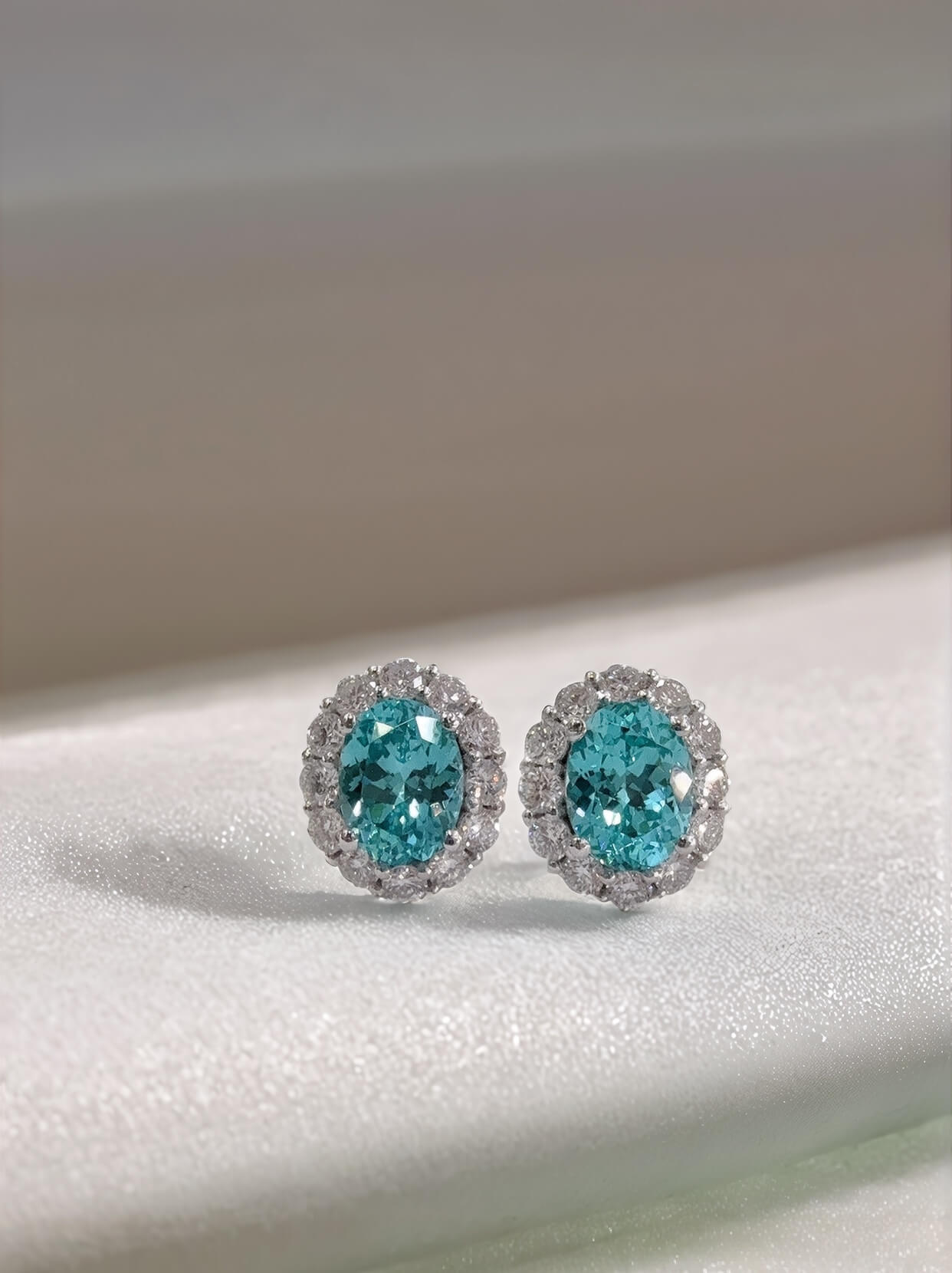 Halo setting oval cut lab grown Paraiba earrings stud Halo setting oval cut lab grown Paraiba earrings stud