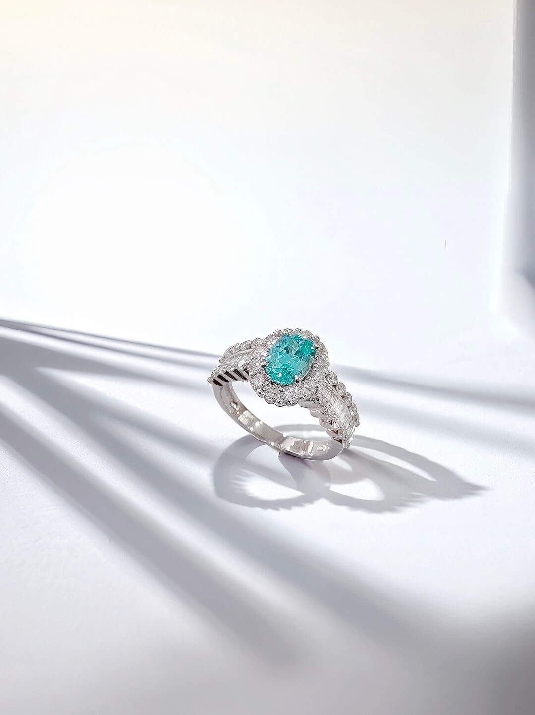 Halo setting oval cut lab grown Paraiba engagement ring 02