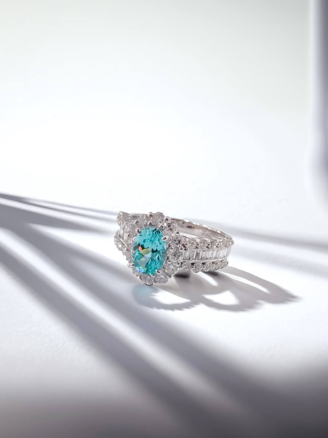 Halo setting oval cut lab grown Paraiba engagement ring 02