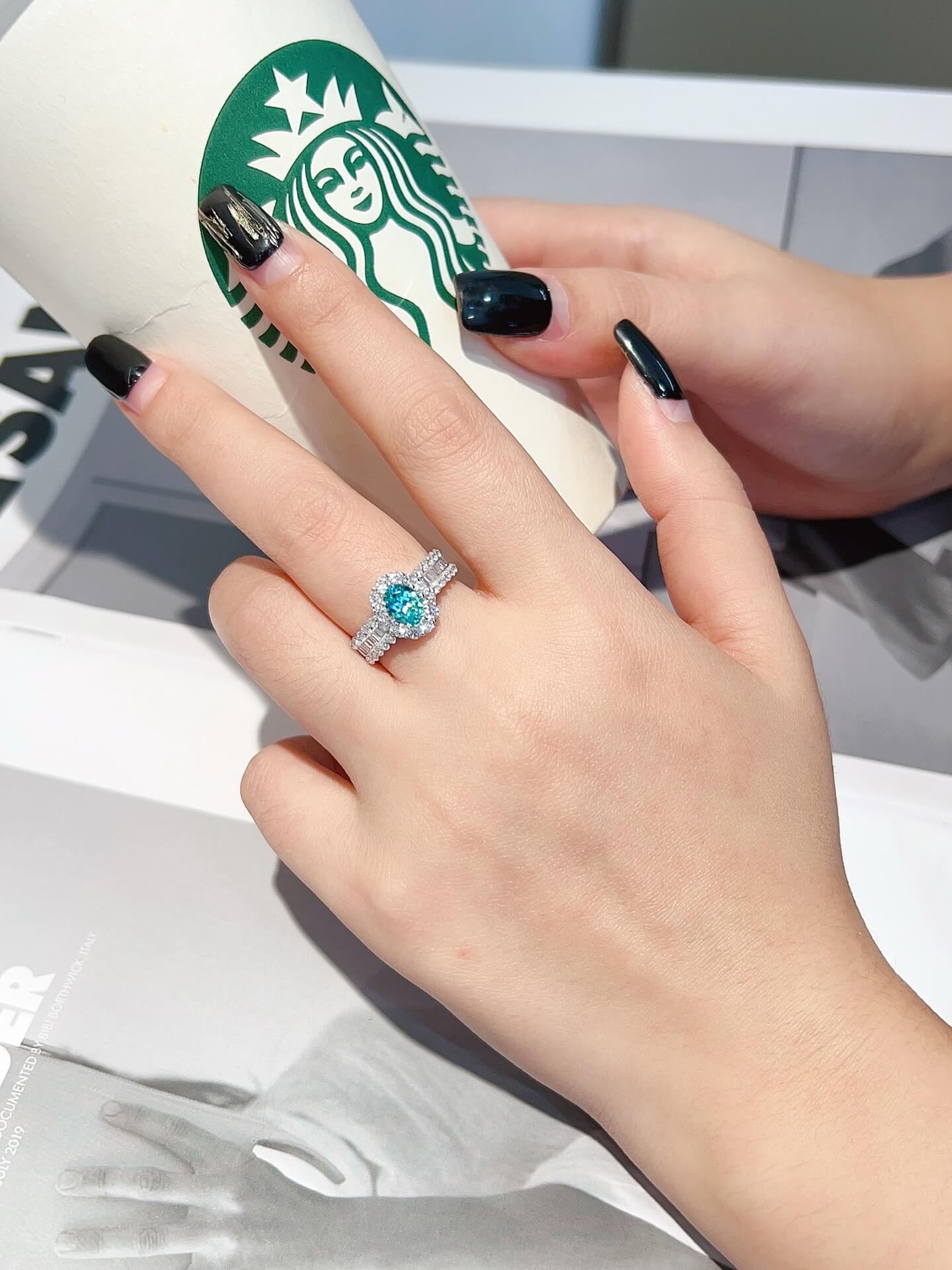 Halo setting oval cut lab grown Paraiba engagement ring 02