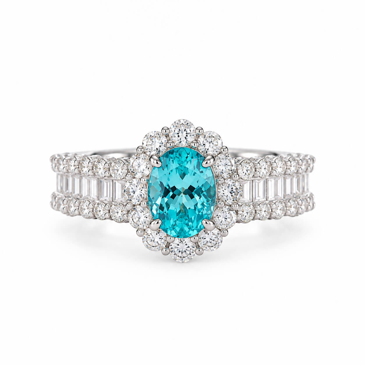 Halo setting oval cut lab grown Paraiba engagement ring 02