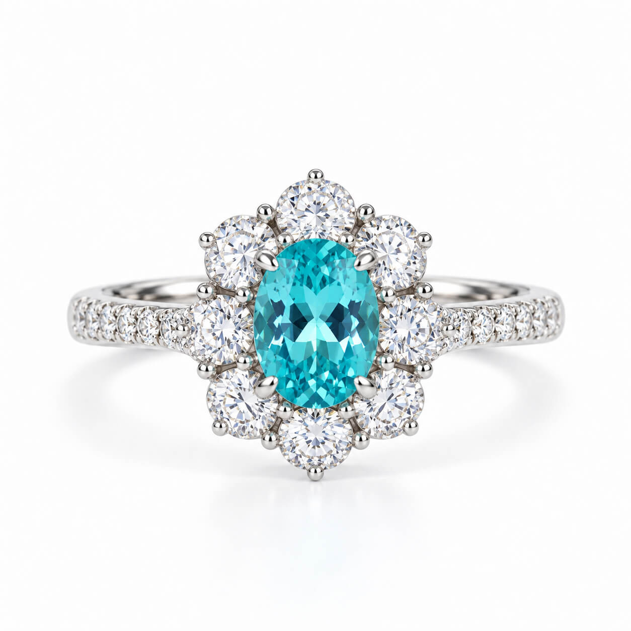 Halo setting oval cut lab grown Paraiba engagement ring 07
