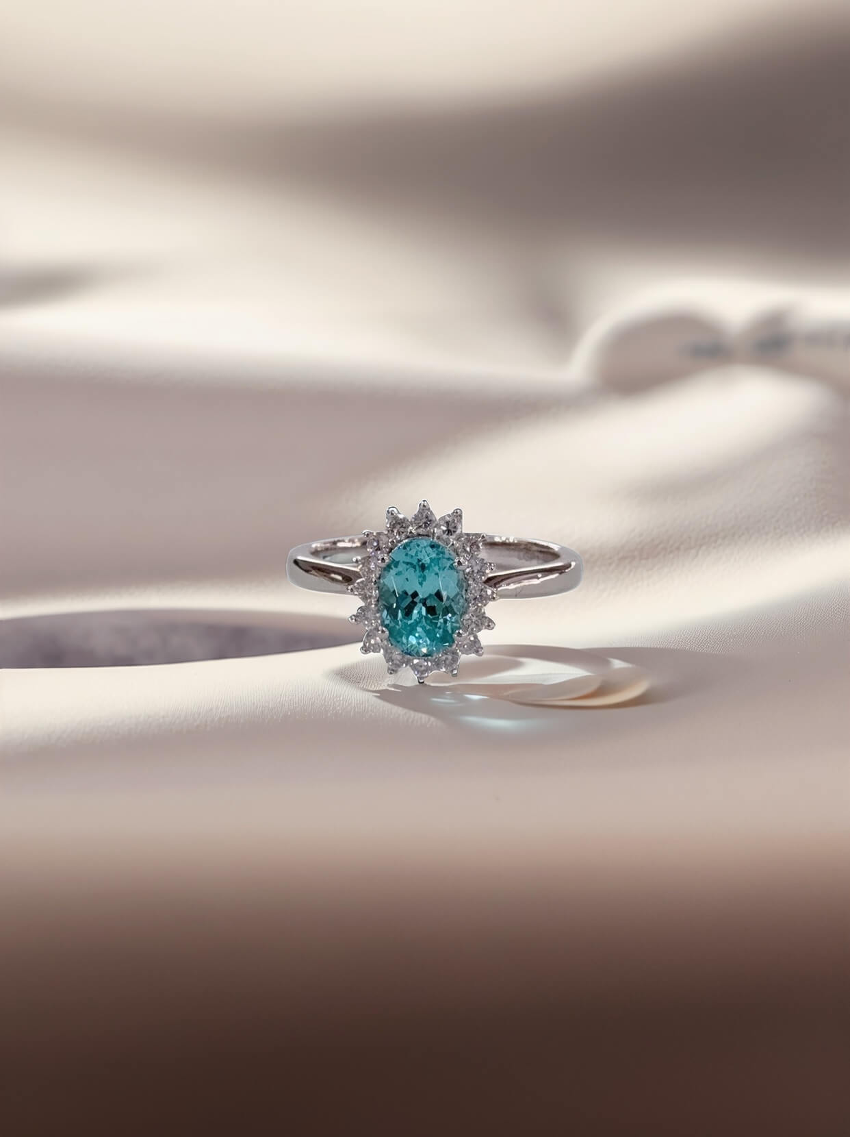 Halo setting oval cut lab grown Paraiba engagement ring 03
