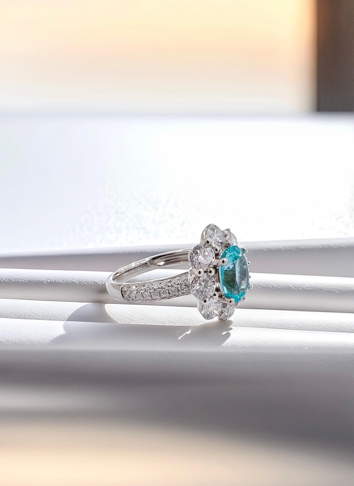 Halo setting oval cut lab grown Paraiba engagement ring 07